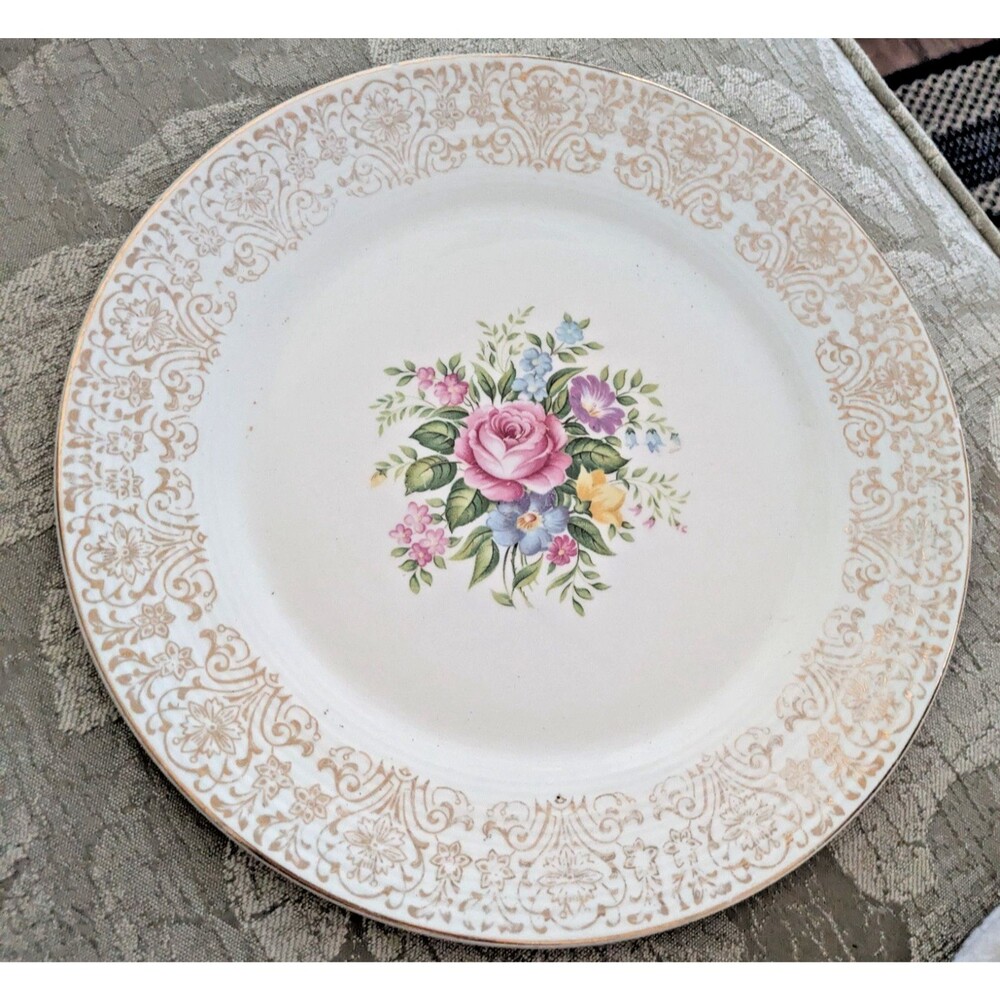 VTG Triumph Limoges USA "Rosalie" Dinner Plate Floral & Warranted 22K Gold 10in